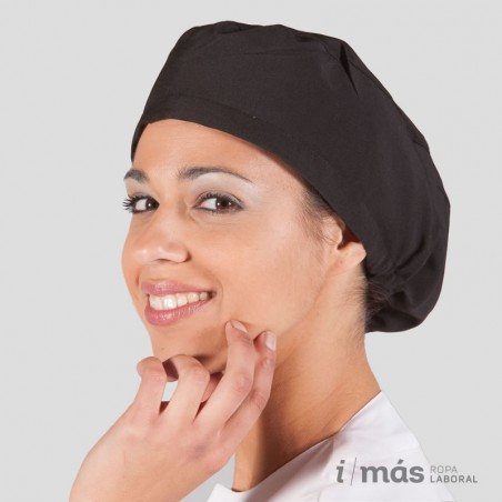 Gorro de quirófano en microfibra negro con goma, pensado para pelo largo.