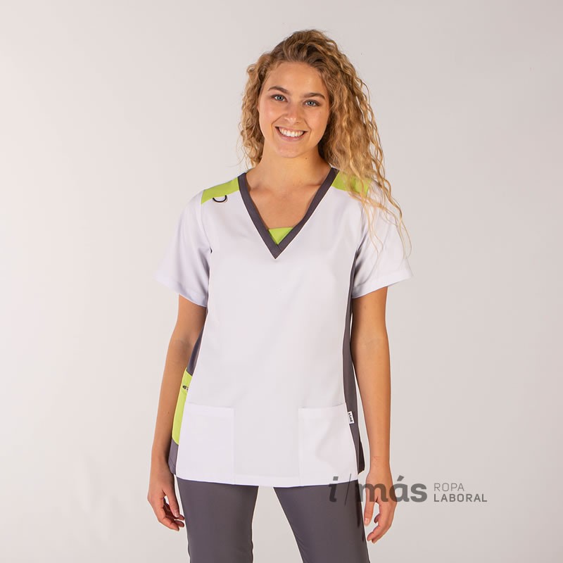 Blusa de mujer en microfibra elástica blanca con detalles en gris marengo y pistacho