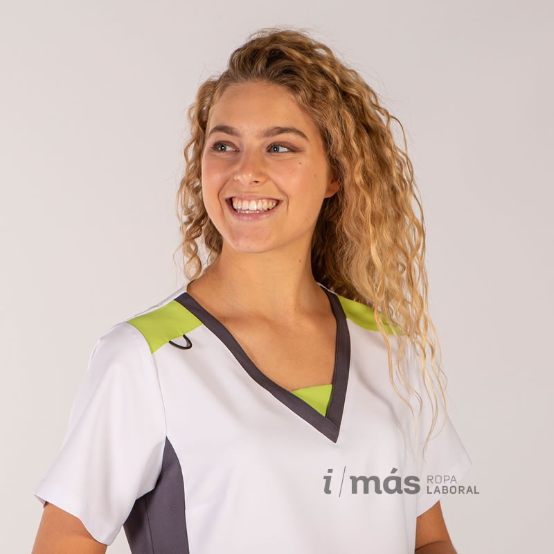 Blusa de mujer en microfibra elástica blanca con detalles en gris marengo y pistacho