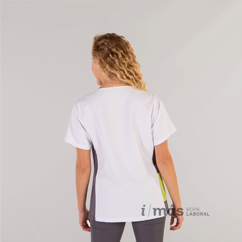Blusa de mujer en microfibra elástica blanca con detalles en gris marengo y pistacho