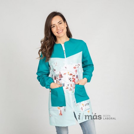 Bata de maestra estampada con monumentos de mujer en manga larga Bata de maestra estampada con monumentos de mujer en manga larga