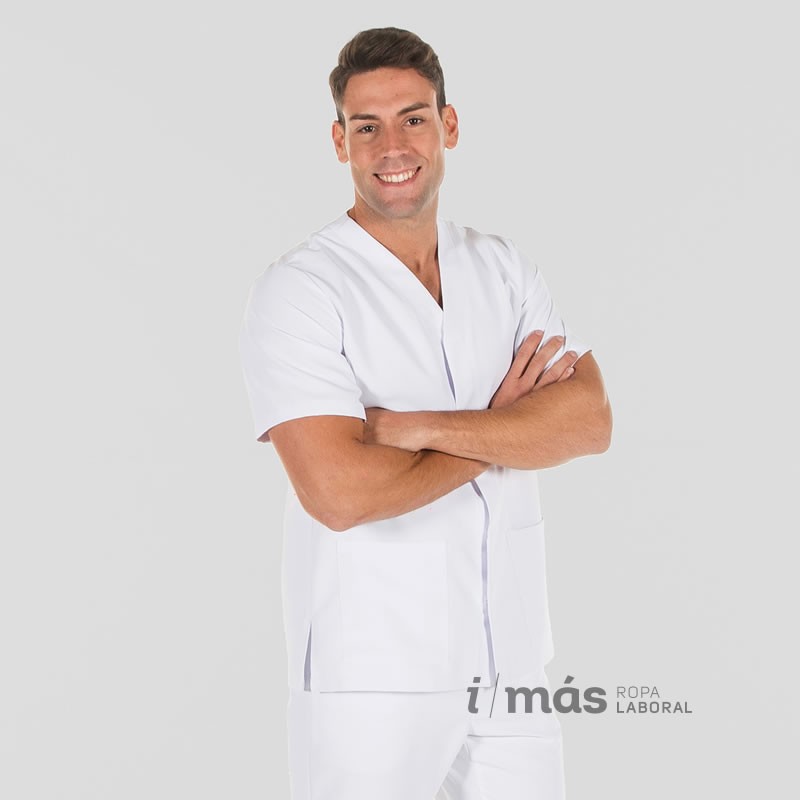 Blusa casaca de microfibra abierta, con cuello de pico y cierre mediante corchetes para hombre en color blanco