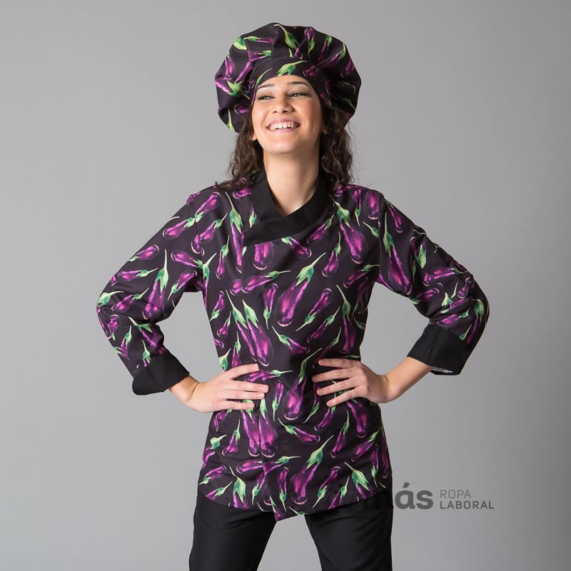 Chaqueta de cocina estampada con berenjenas en microfibra de Uniformes Garys