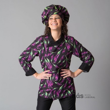 Chaqueta de cocina estampada con berenjenas en microfibra de Uniformes Garys Chaqueta de cocina estampada con berenjenas en microfibra de Uniformes Garys